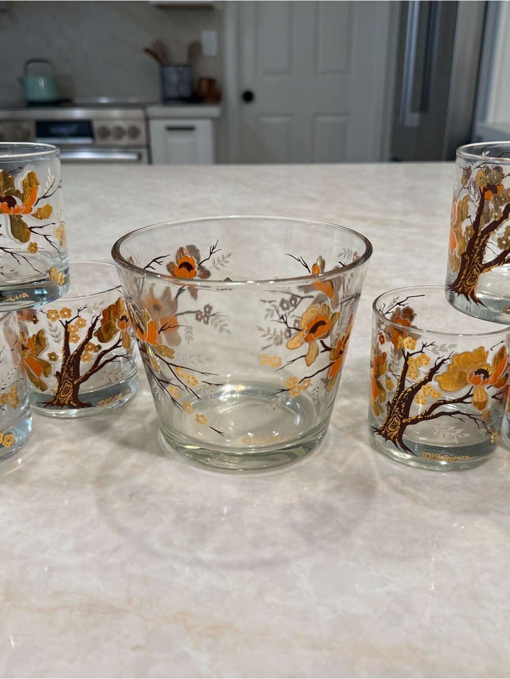 Glass Punch Bowl Set with Orange and Gold Floral Design